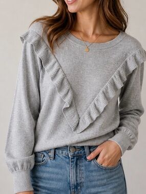 GAP Gray Knit Sweater with Ruffle Detail Long Sleeve S